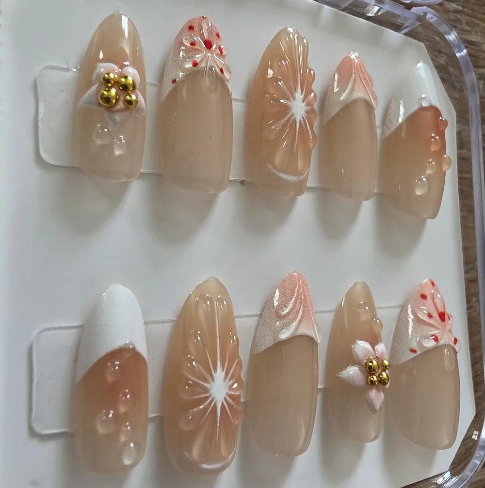 3D Floral & Water Droplet Press-On Nails | Almond Shape | Size Small